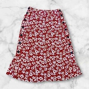 Madewell Red Midi Boho A- Line Skirt With Cream Side Button Flower Floral Skirt